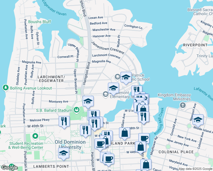 map of restaurants, bars, coffee shops, grocery stores, and more near 5508 Alson Dr in Norfolk