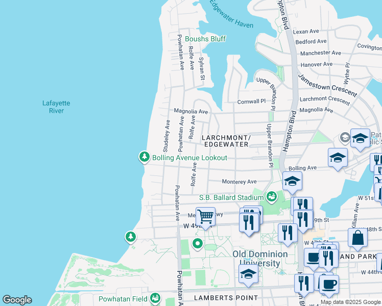 map of restaurants, bars, coffee shops, grocery stores, and more near 5326 Rolfe Avenue in Norfolk