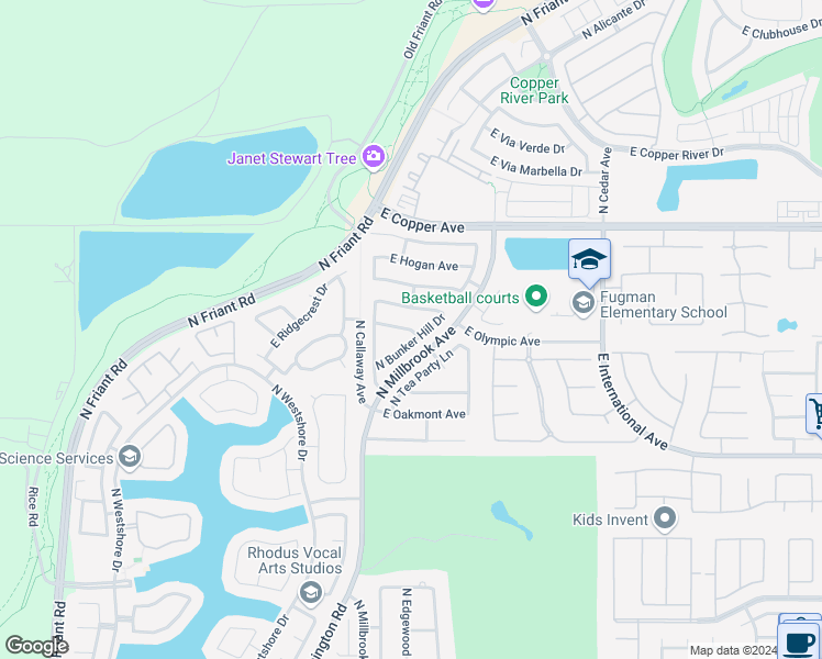 map of restaurants, bars, coffee shops, grocery stores, and more near 1308 East Olympic Avenue in Fresno