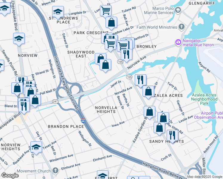 map of restaurants, bars, coffee shops, grocery stores, and more near 5281 Janet Drive in Norfolk