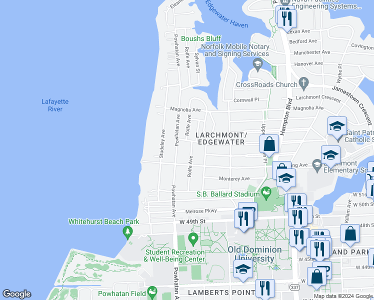 map of restaurants, bars, coffee shops, grocery stores, and more near 5327 Rolfe Avenue in Norfolk