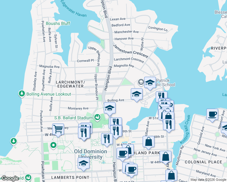 map of restaurants, bars, coffee shops, grocery stores, and more near 5512 Monroe Place in Norfolk