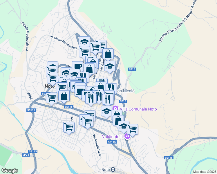 map of restaurants, bars, coffee shops, grocery stores, and more near Via Ascenso Mauceri in Noto