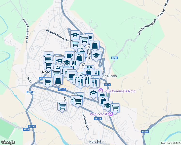map of restaurants, bars, coffee shops, grocery stores, and more near Via Ascenso Mauceri in Noto
