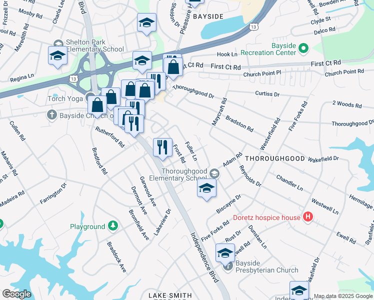 map of restaurants, bars, coffee shops, grocery stores, and more near 1552 Frost Road in Virginia Beach