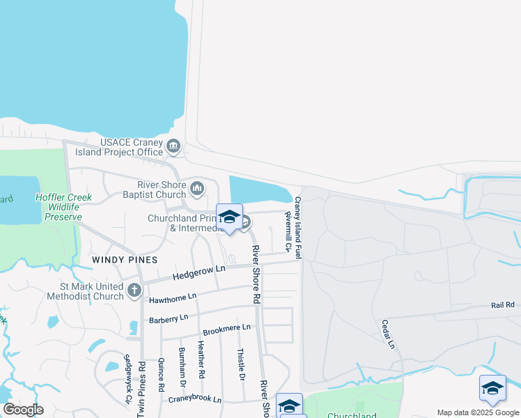 map of restaurants, bars, coffee shops, grocery stores, and more near 5767 Rivermill Circle in Portsmouth