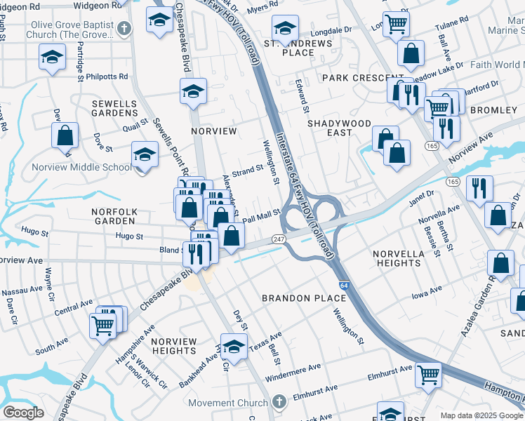 map of restaurants, bars, coffee shops, grocery stores, and more near 1268 Pall Mall Street in Norfolk