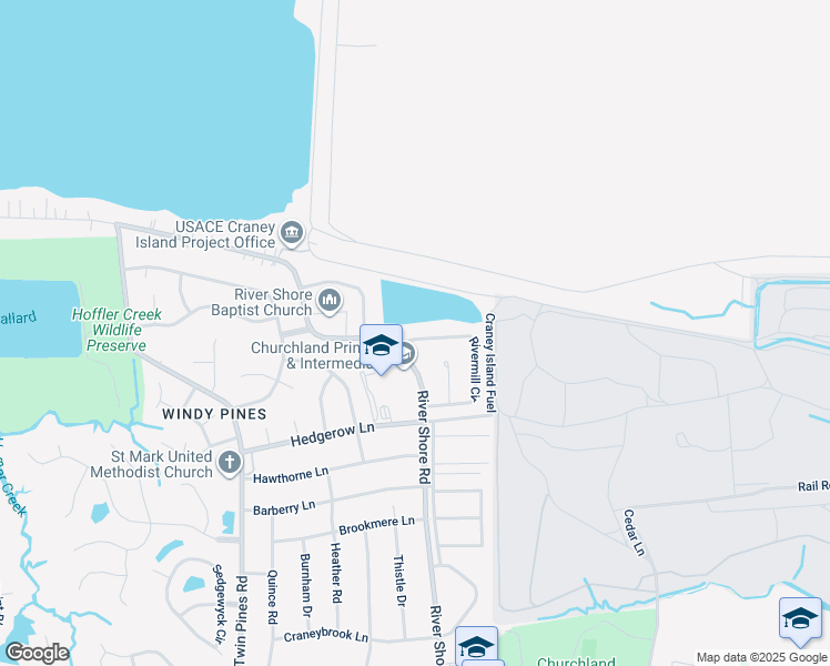 map of restaurants, bars, coffee shops, grocery stores, and more near 5781 Rivermill Circle in Portsmouth