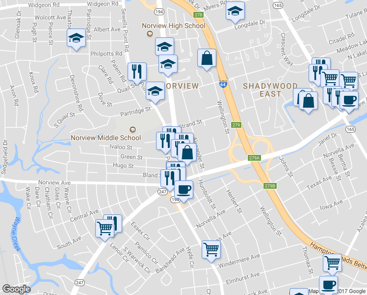 map of restaurants, bars, coffee shops, grocery stores, and more near 6224 Chesapeake Boulevard in Norfolk