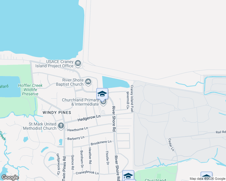 map of restaurants, bars, coffee shops, grocery stores, and more near 5761 Rivermill Circle in Portsmouth
