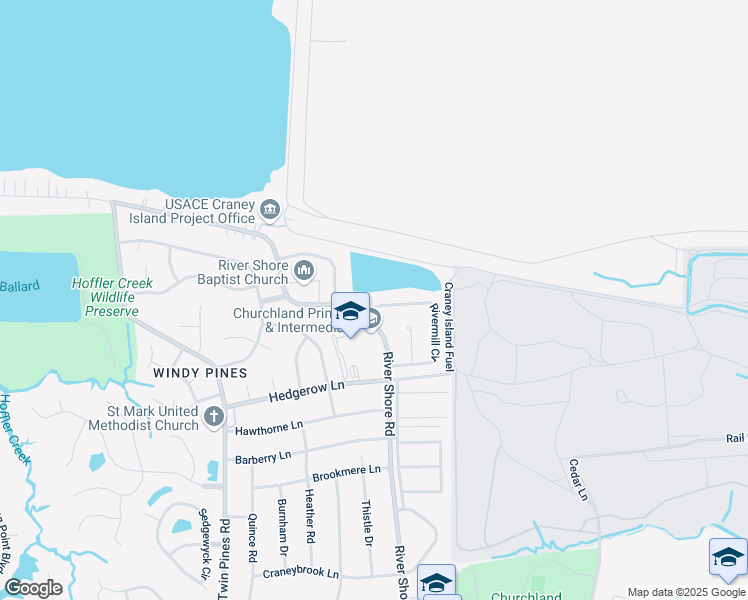 map of restaurants, bars, coffee shops, grocery stores, and more near 5795 Rivermill Circle in Portsmouth