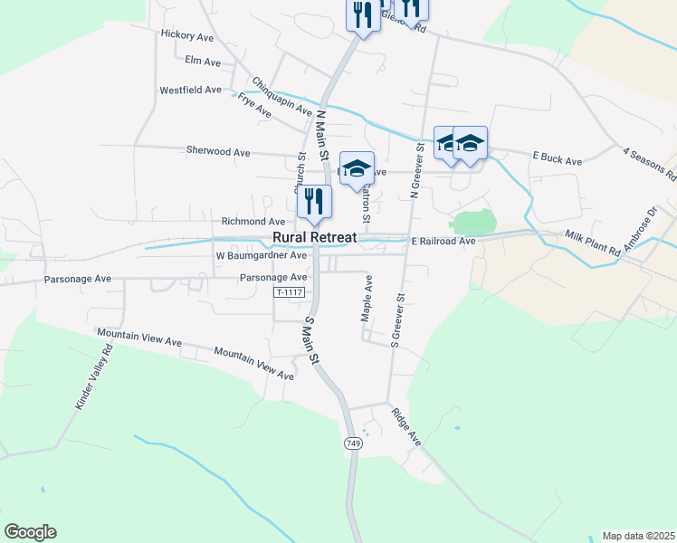 map of restaurants, bars, coffee shops, grocery stores, and more near 204 Maple Avenue in Rural Retreat