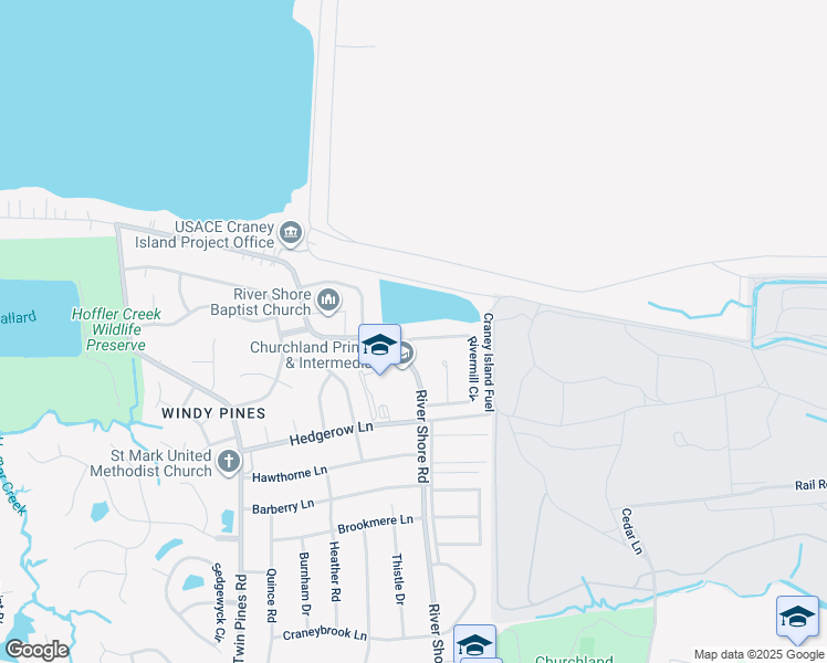 map of restaurants, bars, coffee shops, grocery stores, and more near 5781 Rivermill Circle in Portsmouth