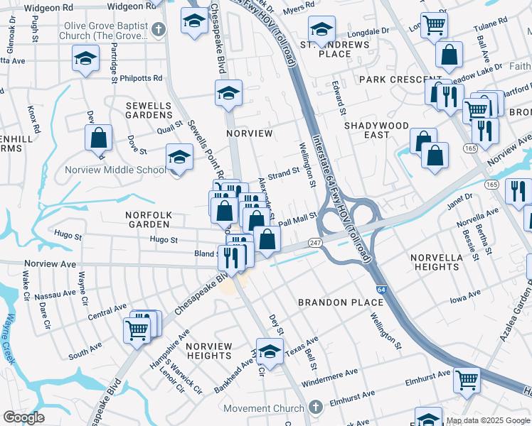 map of restaurants, bars, coffee shops, grocery stores, and more near 6222 Alexander Street in Norfolk