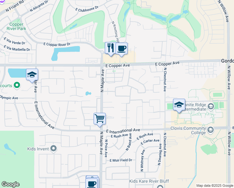 map of restaurants, bars, coffee shops, grocery stores, and more near 2096 East Olympic Avenue in Fresno