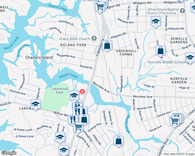 map of restaurants, bars, coffee shops, grocery stores, and more near 803 Brightley Rd in Norfolk