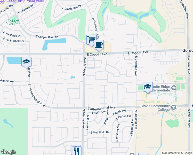 map of restaurants, bars, coffee shops, grocery stores, and more near 2096 East Olympic Avenue in Fresno