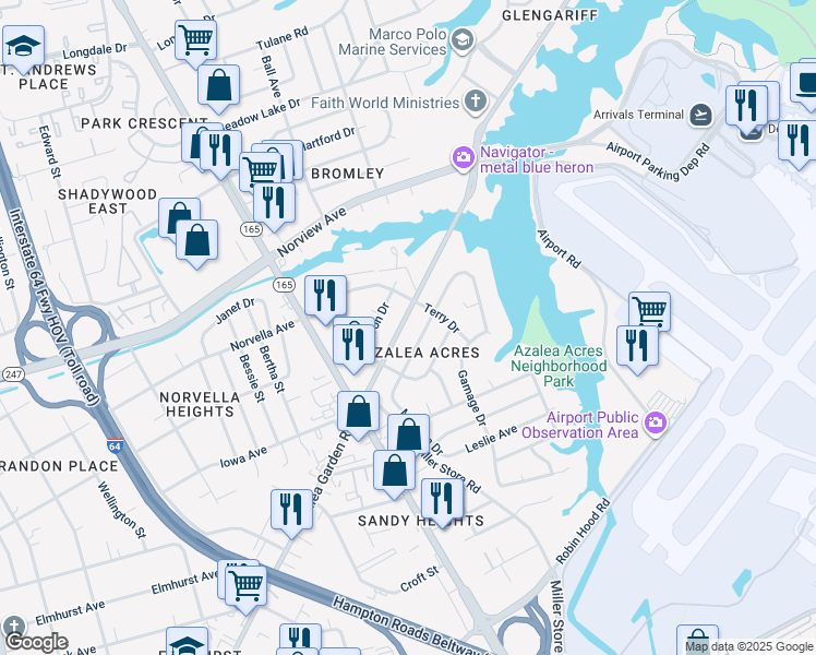 map of restaurants, bars, coffee shops, grocery stores, and more near 5761 Azalea Garden Rd in Norfolk