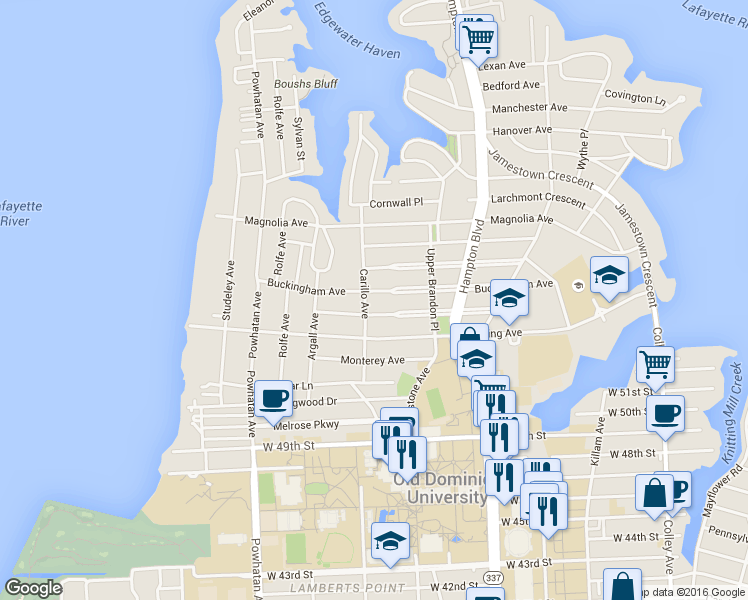 map of restaurants, bars, coffee shops, grocery stores, and more near 1357 Buckingham Avenue in Norfolk