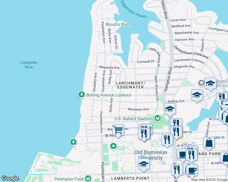 map of restaurants, bars, coffee shops, grocery stores, and more near 5326 Rolfe Avenue in Norfolk