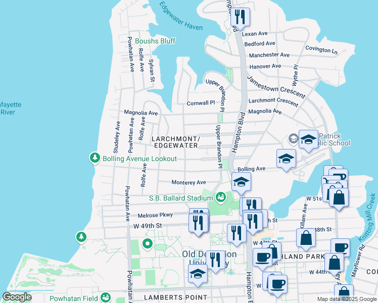 map of restaurants, bars, coffee shops, grocery stores, and more near 1357 Buckingham Avenue in Norfolk