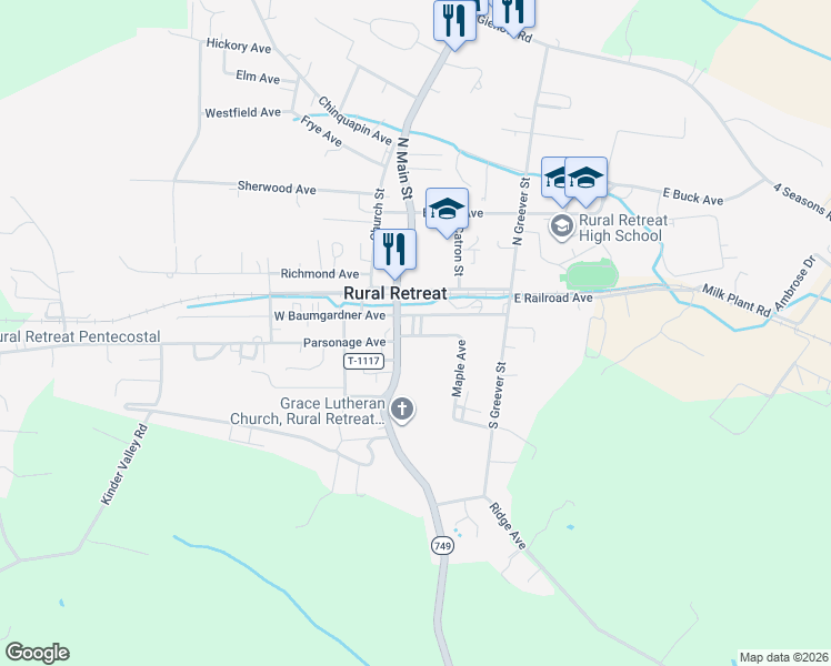 map of restaurants, bars, coffee shops, grocery stores, and more near 204 Maple Avenue in Rural Retreat