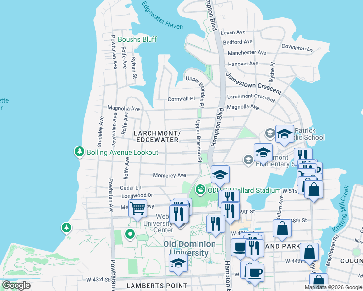 map of restaurants, bars, coffee shops, grocery stores, and more near 1335 Buckingham Avenue in Norfolk