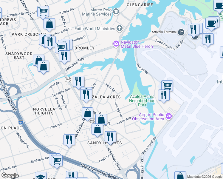 map of restaurants, bars, coffee shops, grocery stores, and more near 5772 Roper Drive in Norfolk