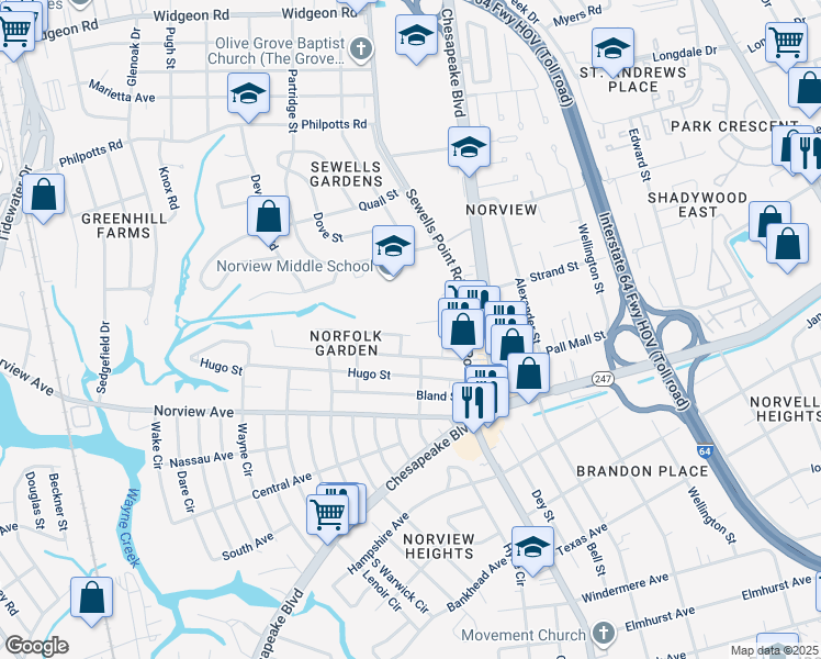 map of restaurants, bars, coffee shops, grocery stores, and more near 1084 Ivaloo Street in Norfolk