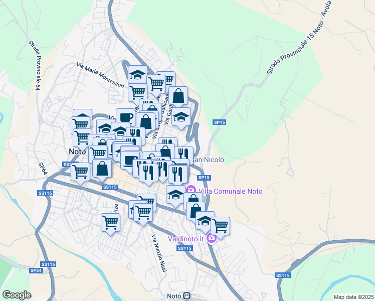 map of restaurants, bars, coffee shops, grocery stores, and more near Via Rapisardi in Noto