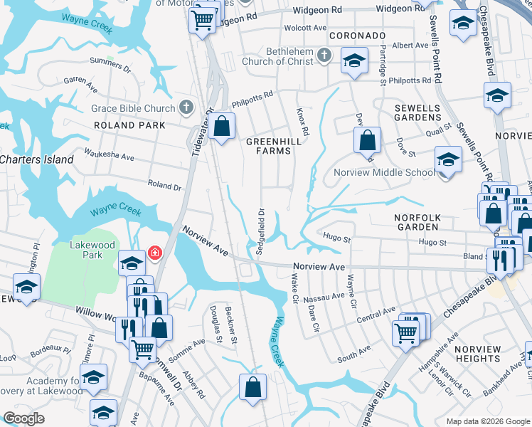 map of restaurants, bars, coffee shops, grocery stores, and more near 6218 Sedgefield Drive in Norfolk