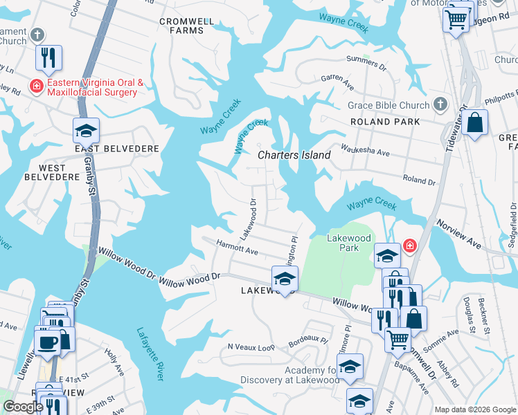 map of restaurants, bars, coffee shops, grocery stores, and more near 5620 Lakewood Drive in Norfolk