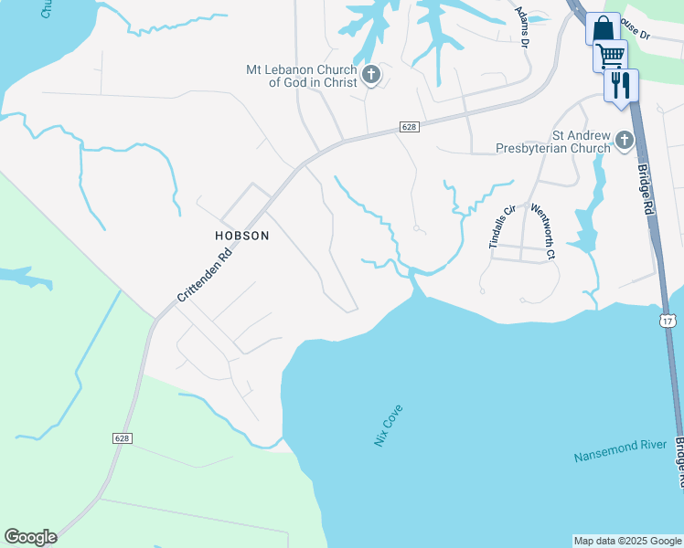 map of restaurants, bars, coffee shops, grocery stores, and more near in Suffolk