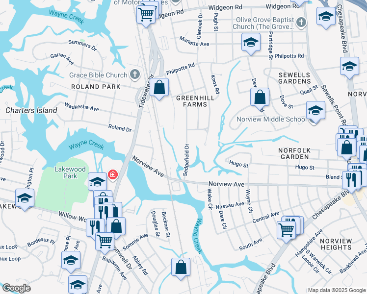 map of restaurants, bars, coffee shops, grocery stores, and more near 6219 Sedgefield Drive in Norfolk