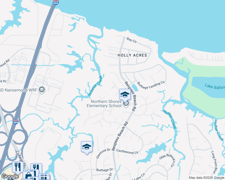map of restaurants, bars, coffee shops, grocery stores, and more near 6317 Townsend Place in Suffolk