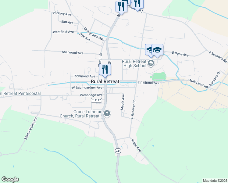 map of restaurants, bars, coffee shops, grocery stores, and more near 204 Maple Avenue in Rural Retreat