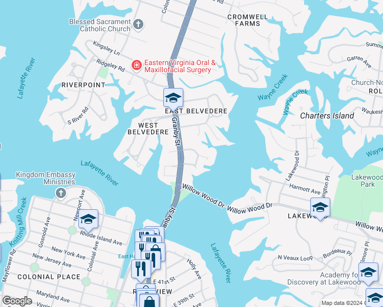 map of restaurants, bars, coffee shops, grocery stores, and more near 138 East Arden Circle in Norfolk