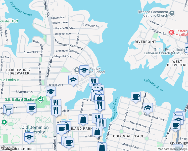 map of restaurants, bars, coffee shops, grocery stores, and more near 819 Jamestown Crescent in Norfolk