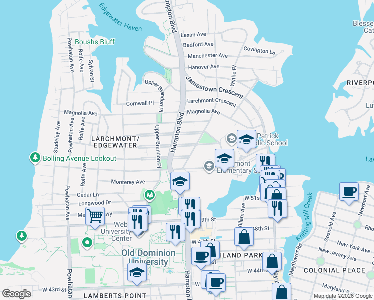 map of restaurants, bars, coffee shops, grocery stores, and more near 5514 Monroe Place in Norfolk