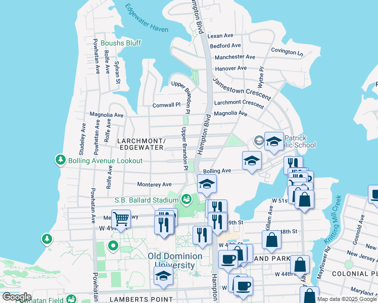map of restaurants, bars, coffee shops, grocery stores, and more near 1215 Buckingham Avenue in Norfolk