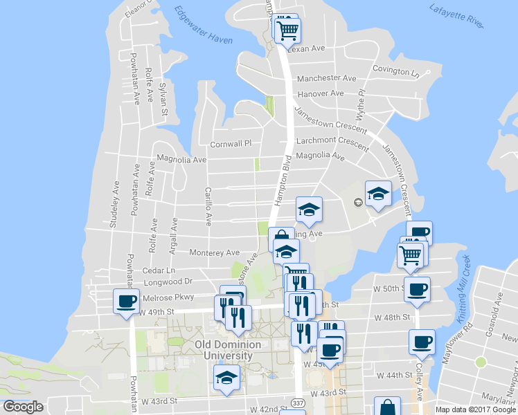 map of restaurants, bars, coffee shops, grocery stores, and more near 1221 Buckingham Avenue in Norfolk