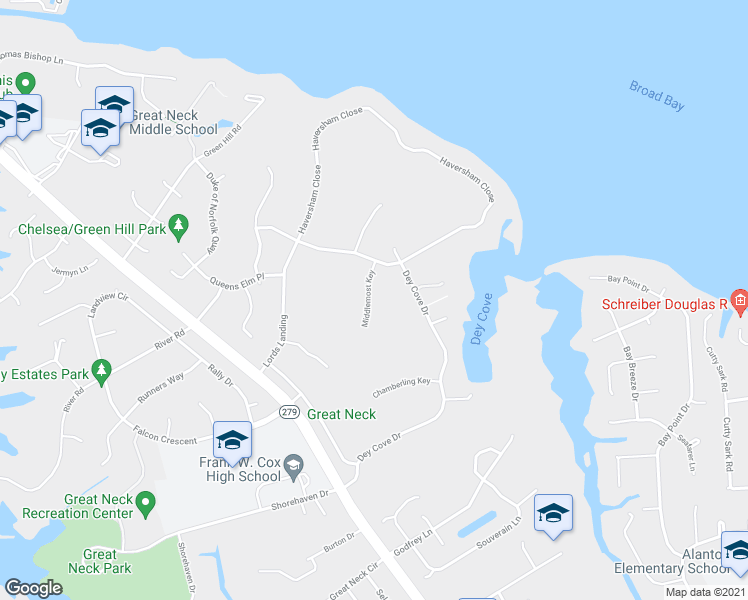 map of restaurants, bars, coffee shops, grocery stores, and more near 1720 Middlemost Key in Virginia Beach