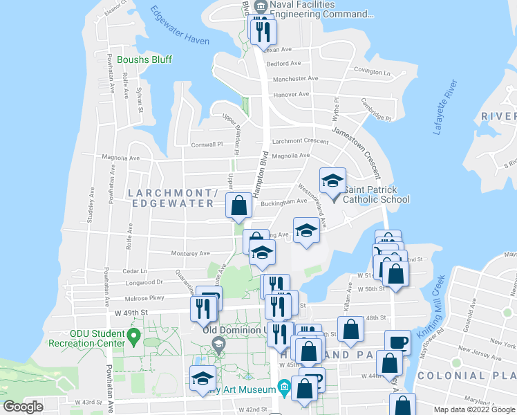 map of restaurants, bars, coffee shops, grocery stores, and more near 1133 Buckingham Avenue in Norfolk