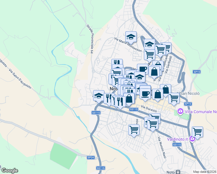 map of restaurants, bars, coffee shops, grocery stores, and more near 12 Via G. Alessi in Noto