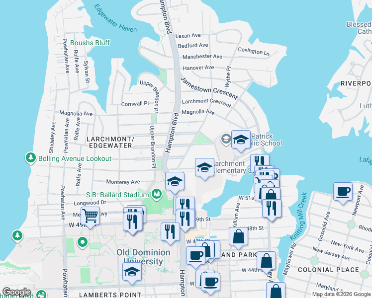 map of restaurants, bars, coffee shops, grocery stores, and more near 5512 Monroe Place in Norfolk