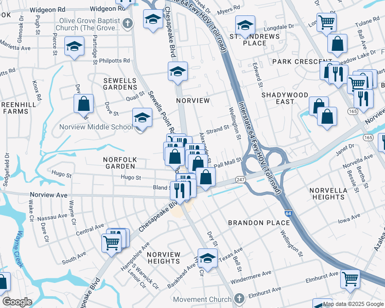 map of restaurants, bars, coffee shops, grocery stores, and more near 6224 Chesapeake Boulevard in Norfolk