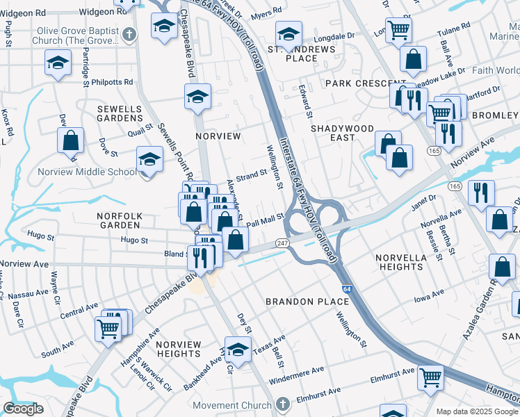 map of restaurants, bars, coffee shops, grocery stores, and more near 6220 Asfari Court in Norfolk
