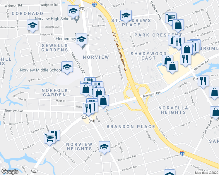 map of restaurants, bars, coffee shops, grocery stores, and more near 6222 Alexander Street in Norfolk
