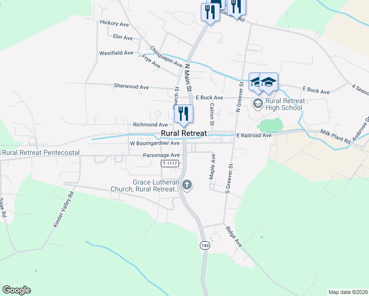map of restaurants, bars, coffee shops, grocery stores, and more near 201-299 South Main Street in Rural Retreat