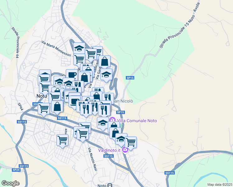 map of restaurants, bars, coffee shops, grocery stores, and more near Via Rapisardi in Noto